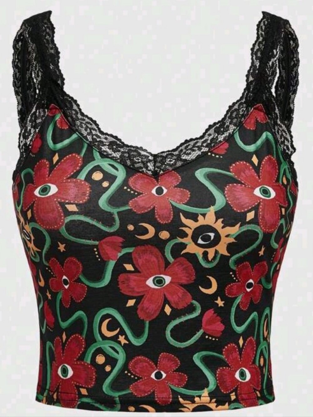 ROMWE Black Floral Lace-Trim Cropped Cami with Red Flowers